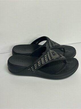 Crocs Monterey Shimmer Wedge Flip Flops Womens 9 Black Rhinestone Sandals